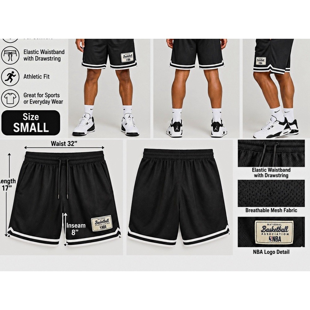 NBA Men's Mesh Basketball Shorts Black/White Trim S 32" 8" Inseam